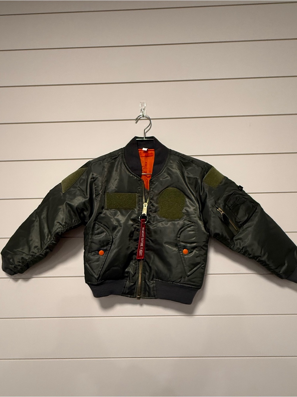 Kids Olive Green Bomber Jacket with Orange Lining Remove before Flight tag L